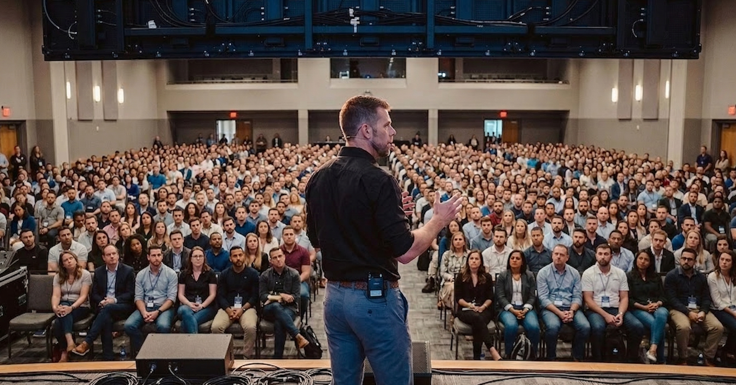 Peter Denbigh delivering a keynote to a large audience